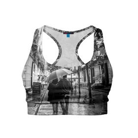 Женский спортивный топ 3D с принтом Улицы Лондона в Белгороде, 82% полиэстер, 18% спандекс Ткань безопасна для здоровья, позволяет коже дышать, не мнется и не растягивается |  | англия | бульвар | великобритания | влюбленные | дождь | зонтик | лондон | улица