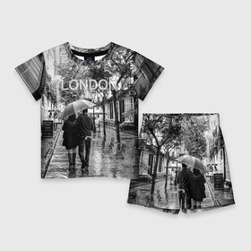 Детский костюм с шортами 3D с принтом Улицы Лондона в Белгороде,  |  | Тематика изображения на принте: англия | бульвар | великобритания | влюбленные | дождь | зонтик | лондон | улица