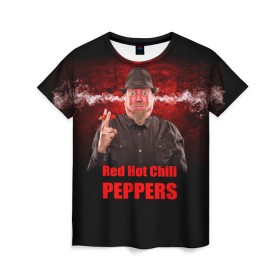 Женская футболка 3D с принтом Red Hot Chili Peppers в Белгороде, 100% полиэфир ( синтетическое хлопкоподобное полотно) | прямой крой, круглый вырез горловины, длина до линии бедер | звезда | красный | кумир | музыка | перец | рок | рок группа | хит