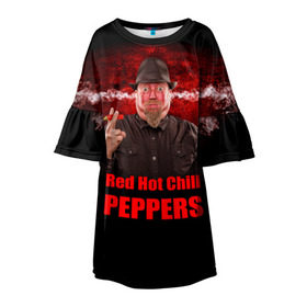 Детское платье 3D с принтом Red Hot Chili Peppers в Белгороде, 100% полиэстер | прямой силуэт, чуть расширенный к низу. Круглая горловина, на рукавах — воланы | звезда | красный | кумир | музыка | перец | рок | рок группа | хит