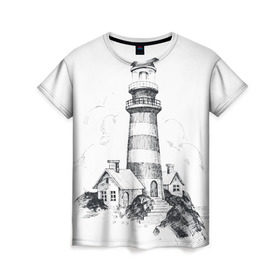 Женская футболка 3D с принтом Маяк в Белгороде, 100% полиэфир ( синтетическое хлопкоподобное полотно) | прямой крой, круглый вырез горловины, длина до линии бедер | вмф | карандаш | маяк | море | моряк | речник | флот