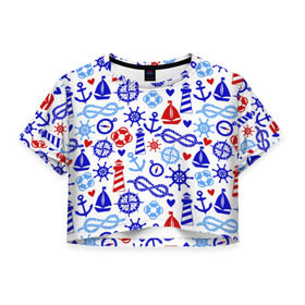 Женская футболка 3D укороченная с принтом Речник в Белгороде, 100% полиэстер | круглая горловина, длина футболки до линии талии, рукава с отворотами | вода | канат | компас | круг | маяк | море | парус | спасатель | узел | якорь