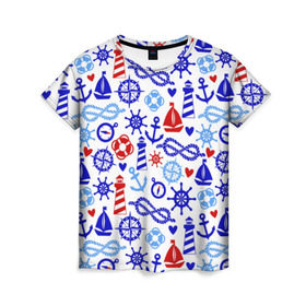 Женская футболка 3D с принтом Речник в Белгороде, 100% полиэфир ( синтетическое хлопкоподобное полотно) | прямой крой, круглый вырез горловины, длина до линии бедер | вода | канат | компас | круг | маяк | море | парус | спасатель | узел | якорь