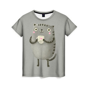 Женская футболка 3D с принтом Cat Love Kill в Белгороде, 100% полиэфир ( синтетическое хлопкоподобное полотно) | прямой крой, круглый вырез горловины, длина до линии бедер | Тематика изображения на принте: animal | beast | cat | feline | kill | kitty | love | meow | взгляд | животное | зверь | кот | котенок | котик | кофе | кошка | любовь | мяу | чай