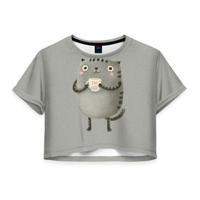 Женская футболка 3D укороченная с принтом Cat Love Kill в Белгороде, 100% полиэстер | круглая горловина, длина футболки до линии талии, рукава с отворотами | animal | beast | cat | feline | kill | kitty | love | meow | взгляд | животное | зверь | кот | котенок | котик | кофе | кошка | любовь | мяу | чай