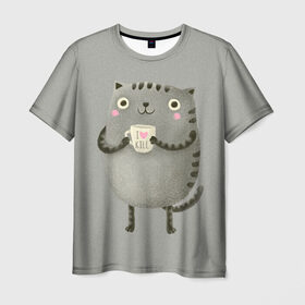 Мужская футболка 3D с принтом Cat Love Kill в Белгороде, 100% полиэфир | прямой крой, круглый вырез горловины, длина до линии бедер | animal | beast | cat | feline | kill | kitty | love | meow | взгляд | животное | зверь | кот | котенок | котик | кофе | кошка | любовь | мяу | чай