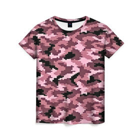 Женская футболка 3D с принтом Розовый камуфляж в Белгороде, 100% полиэфир ( синтетическое хлопкоподобное полотно) | прямой крой, круглый вырез горловины, длина до линии бедер | пиксельный