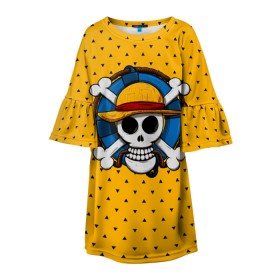 Детское платье 3D с принтом One Pirate в Белгороде, 100% полиэстер | прямой силуэт, чуть расширенный к низу. Круглая горловина, на рукавах — воланы | bone | jack | luffy | ocean | one piece | pirate | sea | skull | treasure | большой куш | брук | джек | клад | луффи | море | нами | океан | пират | робин | санджи | сокровище | флаг | франки | череп