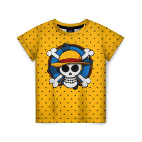 Детская футболка 3D с принтом One Pirate в Белгороде, 100% гипоаллергенный полиэфир | прямой крой, круглый вырез горловины, длина до линии бедер, чуть спущенное плечо, ткань немного тянется | Тематика изображения на принте: bone | jack | luffy | ocean | one piece | pirate | sea | skull | treasure | большой куш | брук | джек | клад | луффи | море | нами | океан | пират | робин | санджи | сокровище | флаг | франки | череп