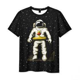 Мужская футболка 3D с принтом Космонавт с уточкой в Белгороде, 100% полиэфир | прямой крой, круглый вырез горловины, длина до линии бедер | астронавт | ванна | галактика | звезды | космонавт | планета | утка | уточка