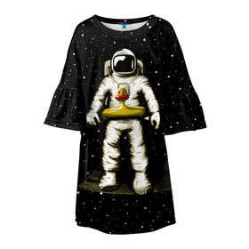 Детское платье 3D с принтом Космонавт с уточкой в Белгороде, 100% полиэстер | прямой силуэт, чуть расширенный к низу. Круглая горловина, на рукавах — воланы | Тематика изображения на принте: астронавт | ванна | галактика | звезды | космонавт | планета | утка | уточка