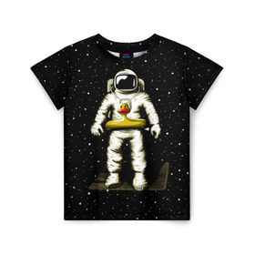 Детская футболка 3D с принтом Космонавт с уточкой в Белгороде, 100% гипоаллергенный полиэфир | прямой крой, круглый вырез горловины, длина до линии бедер, чуть спущенное плечо, ткань немного тянется | Тематика изображения на принте: астронавт | ванна | галактика | звезды | космонавт | планета | утка | уточка