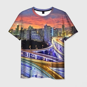 Мужская футболка 3D с принтом Ночные дороги в Белгороде, 100% полиэфир | прямой крой, круглый вырез горловины, длина до линии бедер | Тематика изображения на принте: город | пейзаж