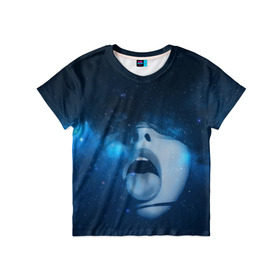 Детская футболка 3D с принтом Космический рот в Белгороде, 100% гипоаллергенный полиэфир | прямой крой, круглый вырез горловины, длина до линии бедер, чуть спущенное плечо, ткань немного тянется | губы | девушка | женщина | звезды | зубы | космос | синий | туманность | черная дыра