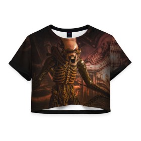 Женская футболка 3D укороченная с принтом Alien в Белгороде, 100% полиэстер | круглая горловина, длина футболки до линии талии, рукава с отворотами | alien | блокбастер. монстр | боевик | кино | кинофильм | скелет | чужой