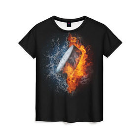 Женская футболка 3D с принтом Шайба - огонь и вода в Белгороде, 100% полиэфир ( синтетическое хлопкоподобное полотно) | прямой крой, круглый вырез горловины, длина до линии бедер | вода | лед | огонь | пламя | россия | спорт | хоккей | шайба