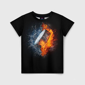 Детская футболка 3D с принтом Шайба - огонь и вода в Белгороде, 100% гипоаллергенный полиэфир | прямой крой, круглый вырез горловины, длина до линии бедер, чуть спущенное плечо, ткань немного тянется | вода | лед | огонь | пламя | россия | спорт | хоккей | шайба