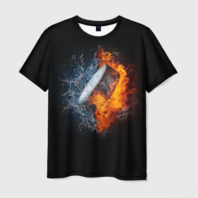 Мужская футболка 3D с принтом Шайба - огонь и вода в Белгороде, 100% полиэфир | прямой крой, круглый вырез горловины, длина до линии бедер | вода | лед | огонь | пламя | россия | спорт | хоккей | шайба