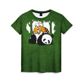 Женская футболка 3D с принтом Милая панда в Белгороде, 100% полиэфир ( синтетическое хлопкоподобное полотно) | прямой крой, круглый вырез горловины, длина до линии бедер | большая | джунгли | енот | зайка | милая | панда | пушистая