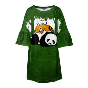 Детское платье 3D с принтом Милая панда в Белгороде, 100% полиэстер | прямой силуэт, чуть расширенный к низу. Круглая горловина, на рукавах — воланы | Тематика изображения на принте: большая | джунгли | енот | зайка | милая | панда | пушистая