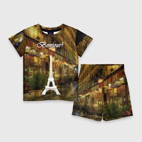 Детский костюм с шортами 3D с принтом Bonjour в Белгороде,  |  | bonjour | cafes | eiffel tower | lights | night | paris street | shop windows | shops | the city | витрины | город | кафе | магазины | ночь | огни | париж | привет | улица | эйфелева башня