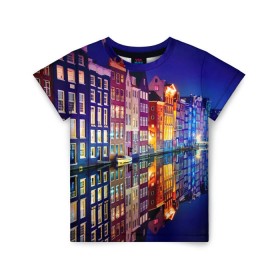Детская футболка 3D с принтом Амстердама, Нидерланды в Белгороде, 100% гипоаллергенный полиэфир | прямой крой, круглый вырез горловины, длина до линии бедер, чуть спущенное плечо, ткань немного тянется | amsterdam | boat | bright | color | lights | night | pier | rainbow | reflection | the city | the netherlands | the strait | water | амстердама | вода | город | лодка | нидерланды | ночь | огни | отражение | причал | пролив | радуга | цвет | яркий