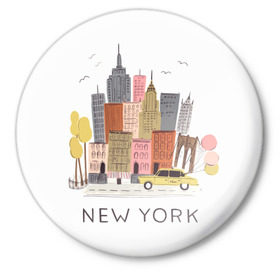 Значок с принтом Нью-Йорк в Белгороде,  металл | круглая форма, металлическая застежка в виде булавки | Тематика изображения на принте: new york | воздушные шары | город | деревья | рисунок | такси