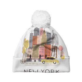 Шапка 3D c помпоном с принтом Нью-Йорк в Белгороде, 100% полиэстер | универсальный размер, печать по всей поверхности изделия | new york | воздушные шары | город | деревья | рисунок | такси