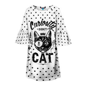 Детское платье 3D с принтом Curiosity Cat в Белгороде, 100% полиэстер | прямой силуэт, чуть расширенный к низу. Круглая горловина, на рукавах — воланы | Тематика изображения на принте: animal | beast | cat | feline | gangsta | kill | king | kitty | meow | nature | гангстер | животное | зверь | король | кот | котенок | котик | кошка | мяу | природа