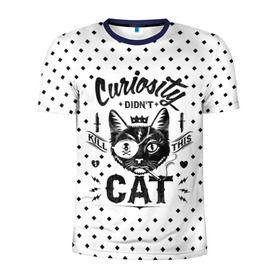 Мужская футболка 3D спортивная с принтом Curiosity Cat в Белгороде, 100% полиэстер с улучшенными характеристиками | приталенный силуэт, круглая горловина, широкие плечи, сужается к линии бедра | animal | beast | cat | feline | gangsta | kill | king | kitty | meow | nature | гангстер | животное | зверь | король | кот | котенок | котик | кошка | мяу | природа