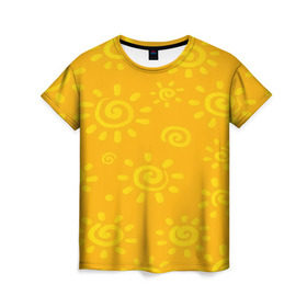 Женская футболка 3D с принтом Солнышко в Белгороде, 100% полиэфир ( синтетическое хлопкоподобное полотно) | прямой крой, круглый вырез горловины, длина до линии бедер | желтый | паттерн | солнце | яркий