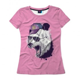 Женская футболка 3D с принтом Панда в бейсболке в Белгороде, 100% полиэфир ( синтетическое хлопкоподобное полотно) | прямой крой, круглый вырез горловины, длина до линии бедер | бейсболка | минимализм | очки | панда
