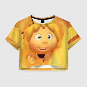 Женская футболка 3D укороченная с принтом Пчелка Майя в Белгороде, 100% полиэстер | круглая горловина, длина футболки до линии талии, рукава с отворотами | пчелка майя