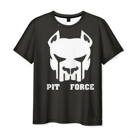 Мужская футболка 3D с принтом Pit Force в Белгороде, 100% полиэфир | прямой крой, круглый вырез горловины, длина до линии бедер | pit force | белый | боец | друг человека | животные | питбуль | порода | собака | цвет | чёрный