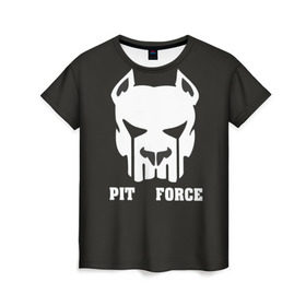 Женская футболка 3D с принтом Pit Force в Белгороде, 100% полиэфир ( синтетическое хлопкоподобное полотно) | прямой крой, круглый вырез горловины, длина до линии бедер | pit force | белый | боец | друг человека | животные | питбуль | порода | собака | цвет | чёрный