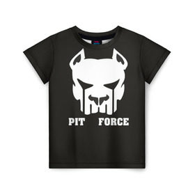 Детская футболка 3D с принтом Pit Force в Белгороде, 100% гипоаллергенный полиэфир | прямой крой, круглый вырез горловины, длина до линии бедер, чуть спущенное плечо, ткань немного тянется | pit force | белый | боец | друг человека | животные | питбуль | порода | собака | цвет | чёрный