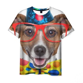 Мужская футболка 3D с принтом Джек рассел - клоун в Белгороде, 100% полиэфир | прямой крой, круглый вырез горловины, длина до линии бедер | волкодав | дворняжка | джек | джек рассел | домашние животные | любимец | мопс | овчарка | пес | песик | питомец | рассел | сенбернар | собака | собачка