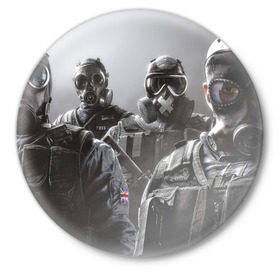 Значок с принтом Tom Clancy Rainbow Six в Белгороде,  металл | круглая форма, металлическая застежка в виде булавки | clancy | rainbow | six | tom | автоматы | игры | маски | мужчины | осада | солдаты