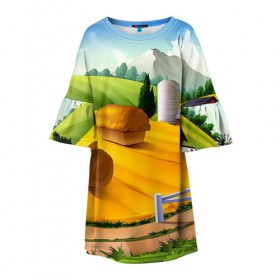 Детское платье 3D с принтом Ферма в Белгороде, 100% полиэстер | прямой силуэт, чуть расширенный к низу. Круглая горловина, на рукавах — воланы | Тематика изображения на принте: пейзаж | яркий