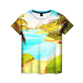 Женская футболка 3D с принтом Тропический остров в Белгороде, 100% полиэфир ( синтетическое хлопкоподобное полотно) | прямой крой, круглый вырез горловины, длина до линии бедер | jungle | деревья | джунгли | зелень | кусты | лес | лодки | мох | океан | пальмы | пляж | тропики | экзотика