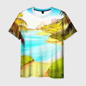 Мужская футболка 3D с принтом Тропический остров в Белгороде, 100% полиэфир | прямой крой, круглый вырез горловины, длина до линии бедер | jungle | деревья | джунгли | зелень | кусты | лес | лодки | мох | океан | пальмы | пляж | тропики | экзотика