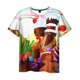 Мужская футболка 3D с принтом Candy Town в Белгороде, 100% полиэфир | прямой крой, круглый вырез горловины, длина до линии бедер | конфеты | пирожные | сладости | яркий