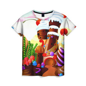 Женская футболка 3D с принтом Candy Town в Белгороде, 100% полиэфир ( синтетическое хлопкоподобное полотно) | прямой крой, круглый вырез горловины, длина до линии бедер | конфеты | пирожные | сладости | яркий