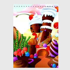 Скетчбук с принтом Candy Town в Белгороде, 100% бумага
 | 48 листов, плотность листов — 100 г/м2, плотность картонной обложки — 250 г/м2. Листы скреплены сверху удобной пружинной спиралью | конфеты | пирожные | сладости | яркий
