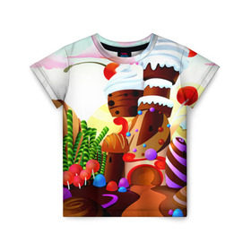 Детская футболка 3D с принтом Candy Town в Белгороде, 100% гипоаллергенный полиэфир | прямой крой, круглый вырез горловины, длина до линии бедер, чуть спущенное плечо, ткань немного тянется | конфеты | пирожные | сладости | яркий