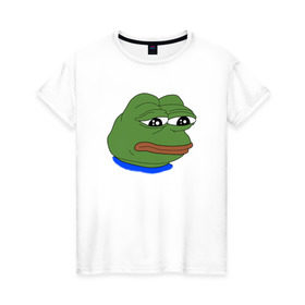 Женская футболка хлопок с принтом SAD FROG в Белгороде, 100% хлопок | прямой крой, круглый вырез горловины, длина до линии бедер, слегка спущенное плечо | meme | pepe frog | pepe the frog | sad frog | грустная лягушка | мем