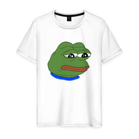 Мужская футболка хлопок с принтом SAD FROG в Белгороде, 100% хлопок | прямой крой, круглый вырез горловины, длина до линии бедер, слегка спущенное плечо. | meme | pepe frog | pepe the frog | sad frog | грустная лягушка | мем