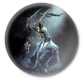 Значок с принтом Скелетон в Белгороде,  металл | круглая форма, металлическая застежка в виде булавки | костюм | рога | скелет | череп