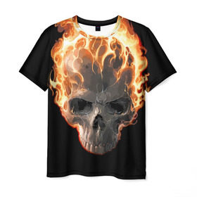 Мужская футболка 3D с принтом Череп в огне в Белгороде, 100% полиэфир | прямой крой, круглый вырез горловины, длина до линии бедер | background | black | death | fire | flame | skeleton | skull | огонь | пламя | скелет | фон | череп | черный