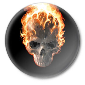 Значок с принтом Череп в огне в Белгороде,  металл | круглая форма, металлическая застежка в виде булавки | background | black | death | fire | flame | skeleton | skull | огонь | пламя | скелет | фон | череп | черный